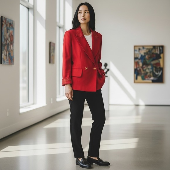 GRIFFITH GRAY FOR ST. JOHN Jackets & Blazers - Griffith Gray St John Red Wool Blazer Detailed Collar Cuffs Size 6 Made in Italy